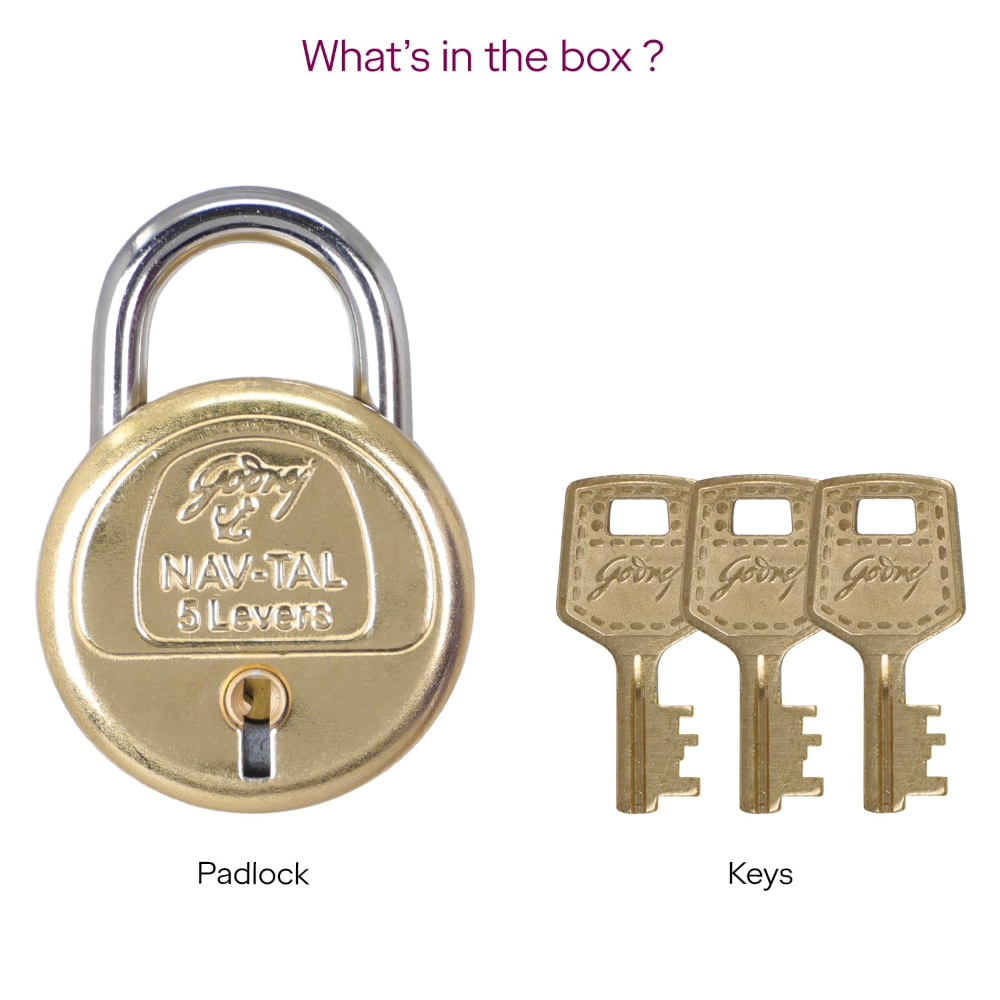 Godrej Padlock | Navtal 5 Lever Brass Padlock 40mm with 3 Keys | Strong Steel Shackle | Rust Resistant Lock for Main Door, Gates, Lockers, Cabinets, Travelling Bags & Tool Boxes | 1 Year Warranty